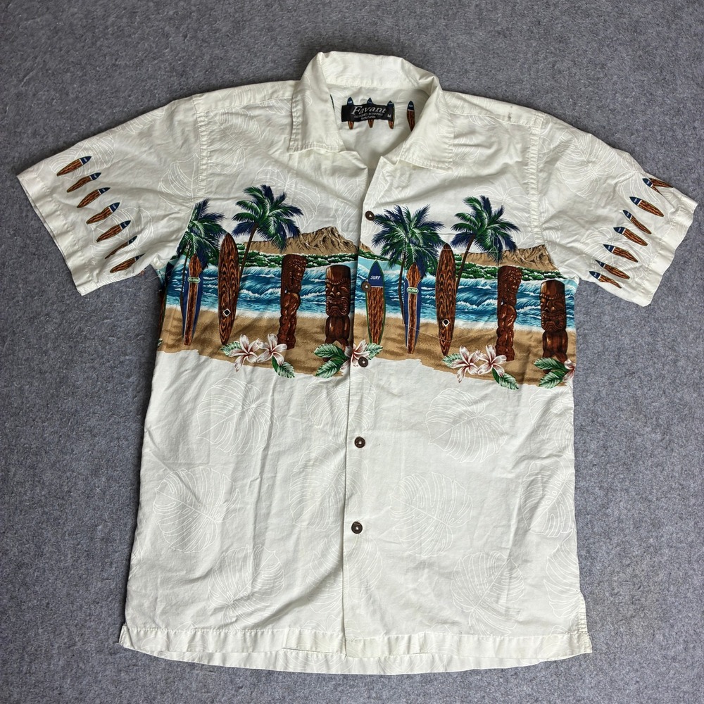Favant Mens Hawaiian Shirt Medium White Tiki Surfboard Tropical Cotton Aloha